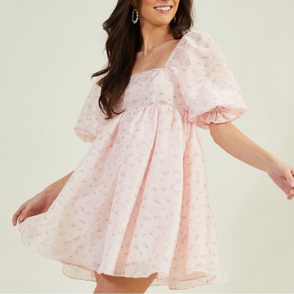Altar'd State Blush Floral Dress with Puff Sleeves
